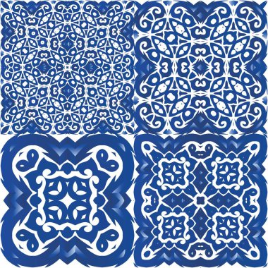 Geleneksel Portekizli azulejolar. Vektör aralıksız desenler. Grafik tasarımı. Ağ arkaplanı, baskı, yastıklar, yüzey dokusu, duvar kağıdı, havlular için mavi soyut arkaplan.