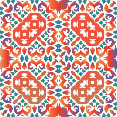 Dekoratif renk talavera fayansları. Vektörsüz şablon. Renkli tasarım. Baskı, web arkaplanı, yüzey dokusu, havlu, yastık, duvar kağıdı için kırmızı halk etnik süsü.