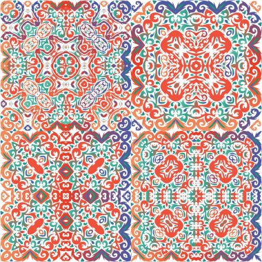 Süslü Talavera Meksika fayans dekoru. Bir dizi vektörsüz şablon. Şık tasarım. Çarşaflar, akıllı telefon kılıfları, hatıra defterleri, çantalar ya da tişörtler için kırmızı muhteşem çiçek desenleri..