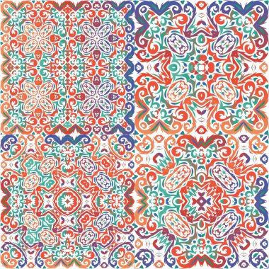 Dekoratif renk talavera fayansları. Yaratıcı tasarım. Vektör aralıksız desenler. Baskı, web arkaplanı, yüzey dokusu, havlu, yastık, duvar kağıdı için kırmızı halk etnik süslemeleri.