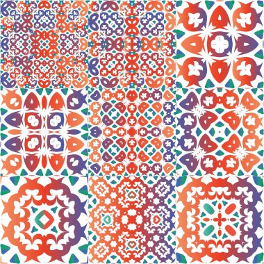 Geleneksel süslü Meksika Talavera 'sı. Bir dizi vektörsüz şablon. Moda tasarımı. Ağ arkaplanı, baskı, yastıklar, yüzey dokusu, duvar kağıdı, havlular için kırmızı soyut arkaplan.