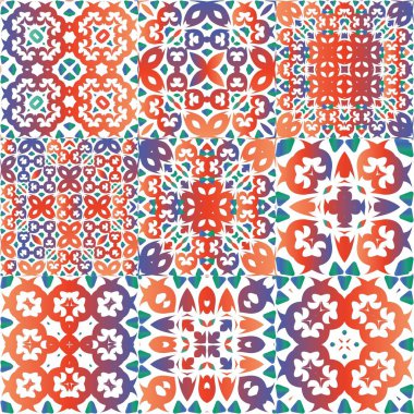 Antik Meksika Talavera seramiği. El yapımı tasarım. Vektör aralıksız desenler. Albüm defteri, akıllı telefon kılıfları, tişörtler, çantalar ve çarşaflar için kırmızı ve soyut dekoru.