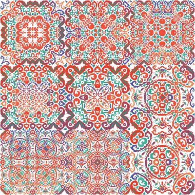 Antik süslü fayanslar Talavera Mexico. Bir dizi vektörsüz şablon. Evrensel tasarım. Tişört, hatıra defteri, çarşaf, akıllı telefon çantaları veya çantalar için kırmızı etnik altyapı.