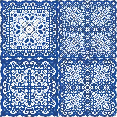 Süslü Azulejo Portekiz fayansları. Moda tasarımı. Bir dizi vektörsüz şablon. Çarşaflar, akıllı telefon kılıfları, hatıra defterleri, çantalar ya da tişörtler için mavi muhteşem halk resimleri..