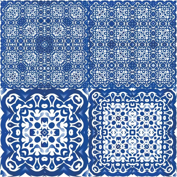 Portuguese Vintage Azulejo Tiles Geometric Design Collection Vector Seamless Patterns — Stock Vector