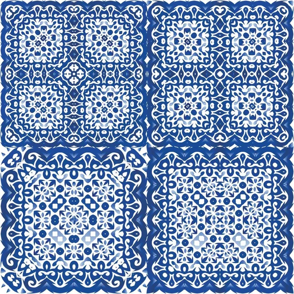 Keramiska Plattor Azulejo Portugal Uppsättning Sömlösa Vektormönster Färgad Design Blå — Stock vektor