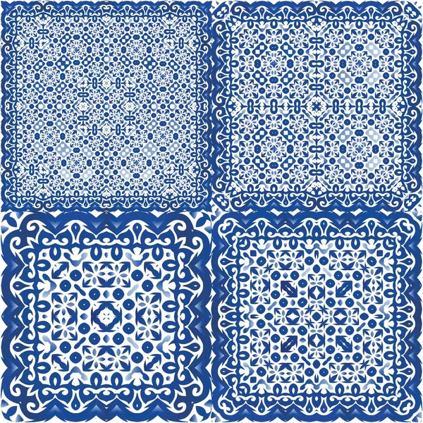 Antique Portuguese Azulejo Ceramic Graphic Design Collection Vector Seamless Patterns — Stock Vector