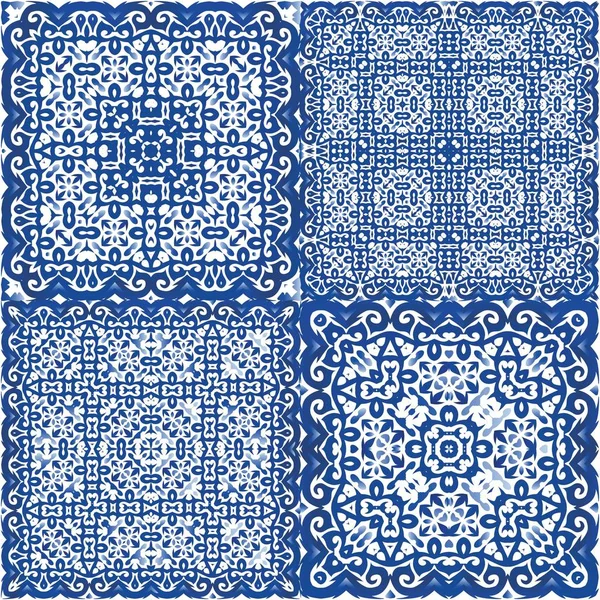 Ethnic Ceramic Tiles Portuguese Azulejo Minimal Design Set Vector Seamless — Stock Vector