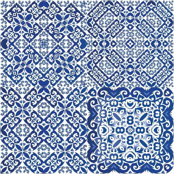 Azulejos Portugueses Ornamentados Tradicionais Conjunto Padrões Sem Emenda Vetorial Desenho — Vetor de Stock
