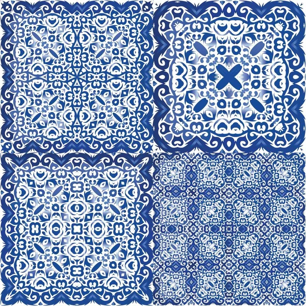 Antique Portuguese Azulejo Ceramic Hand Drawn Design Set Vector Seamless — Stock Vector