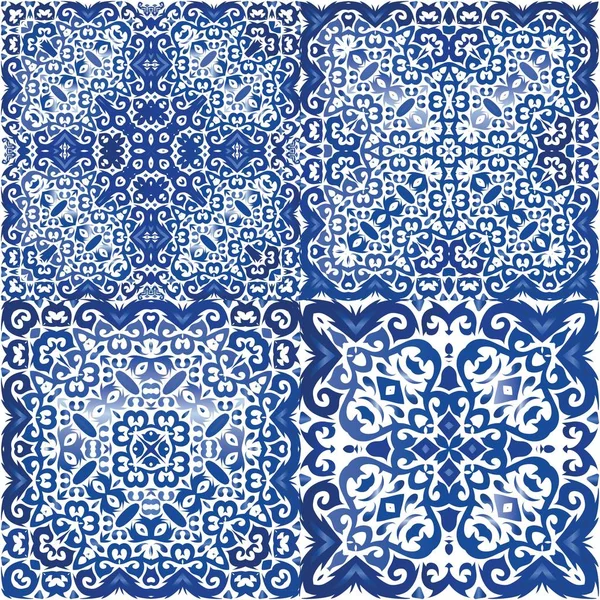 Antique Portuguese Azulejo Ceramic Graphic Design Collection Vector Seamless Patterns — Stock Vector