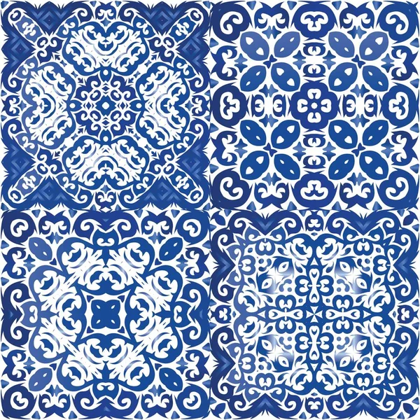 Decorative Color Ceramic Azulejo Tiles Set Vector Seamless Patterns Geometric — Stock Vector