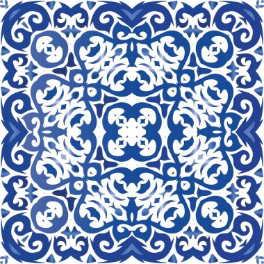 Dekoratif renk seramik azulejo fayansları. Vektörsüz şablon. Renkli tasarım. Mavi halk baskısı, web arkaplanı, yüzey dokusu, havlular, yastıklar, duvar kağıdı.