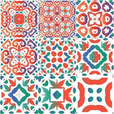 Dekoratif renk talavera fayansları. Geometrik tasarım. Bir dizi vektörsüz şablon. Baskı, web arkaplanı, yüzey dokusu, havlu, yastık, duvar kağıdı için kırmızı halk etnik süslemeleri.
