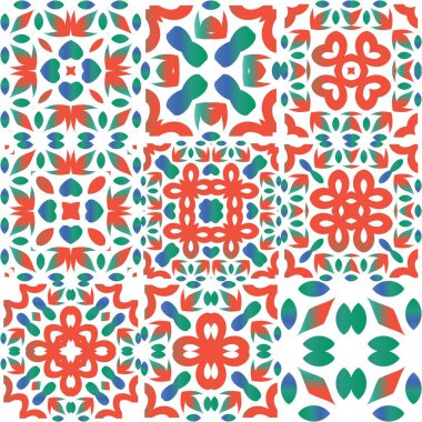 Meksika yapımı talavera fayansları. Bir dizi vektörsüz şablon. Moda tasarımı. Yastıklar, baskılar, duvar kağıtları, ağ arkaplanı, havlular, yüzey dokusu için kırmızı antika arkaplanlar.