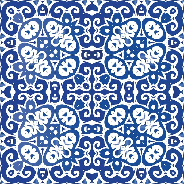 Traditionell Utsmyckad Portugisisk Azulejo Snygg Design Vektor Sömlös Mönsterram Blå — Stock vektor