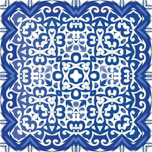 Portekizce süslemeli azulejo seramik. Vektör pürüzsüz desen teması. Şık tasarım. Duvar kağıdı, web arkaplanı, havlular, baskı, yüzey dokusu, yastıklar için mavi vintage arkaplan.