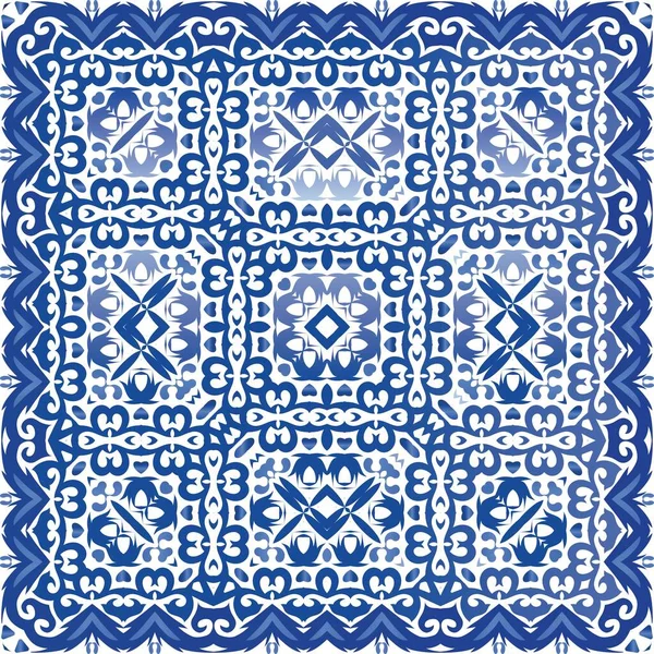 Portugese Sierlijke Azulejo Keramiek Vector Naadloze Patroonflyer Badkamerinrichting Blauwe Vintage — Stockvector