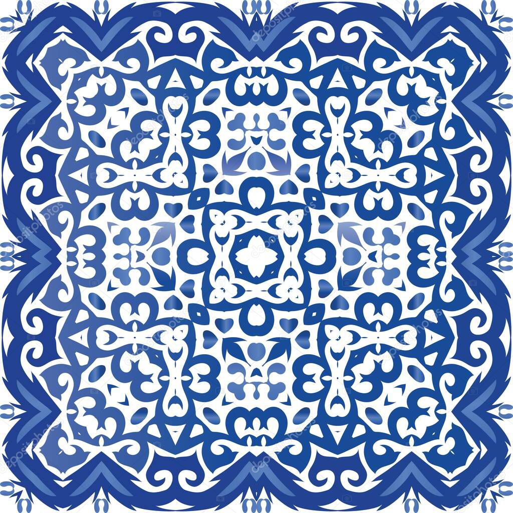 Portuguese ornamental azulejo ceramic. Vector seamless pattern theme. Stylish design. Blue vintage backdrop for wallpaper, web background, towels, print, surface texture, pillows.