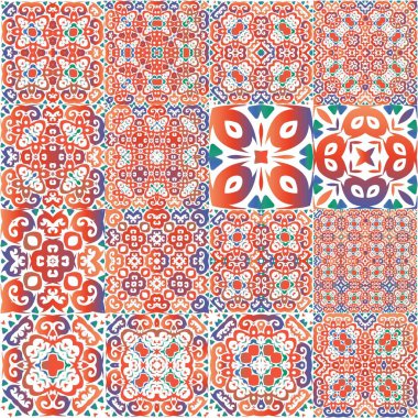 Meksika süslemeli talavera seramiği. Vektörsüz desenlerin toplanması. Mutfak tasarımı. Duvar kağıdı, web arkaplanı, havlular, baskı, yüzey dokusu, yastıklar için kırmızı vintage arkaplan.
