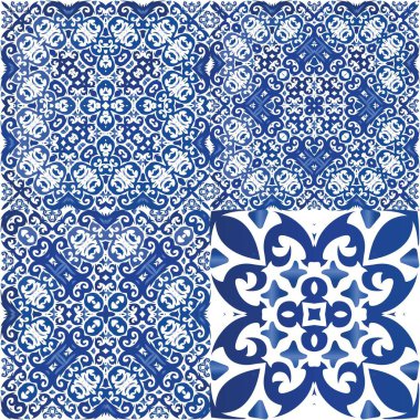 Portekiz yapımı Azulejo fayansları. Vektörsüz desenlerin toplanması. Moda tasarımı. Yastıklar, baskılar, duvar kağıtları, ağ arkaplanı, havlular, yüzey dokusu için mavi antika arkaplan.