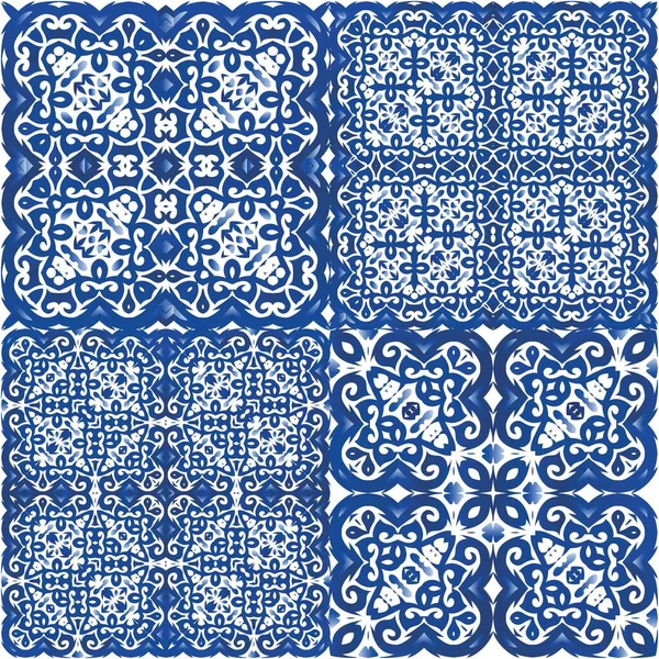 Telhas Cerâmicas Étnicas Azulejo Português Desenho Desenhado Mão Conjunto Padrões — Vetor de Stock