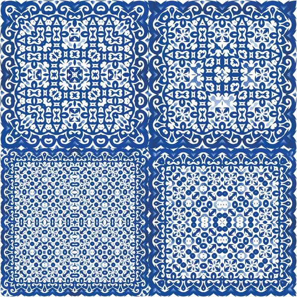 Portuguese Vintage Azulejo Tiles Fashionable Design Set Vector Seamless Patterns — Stock Vector