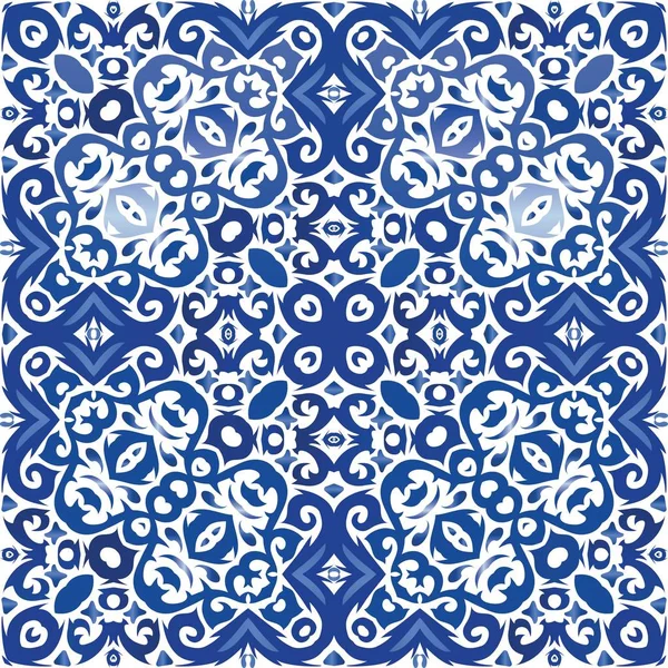 アンティークAzulejoタイルパッチワーク スタイリッシュなデザイン ベクトルシームレスパターントレリス バッグ スマートフォンケース Tシャツ リネンやスクラップブッキングのための青いスペインとポルトガルの装飾 — ストックベクタ
