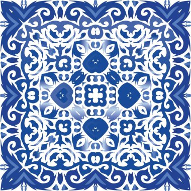 Antika Portekiz azulejo seramiği. Vektör pürüzsüz desen teması. Renkli tasarım. Koleksiyon defteri, akıllı telefon kılıfları, tişörtler, çantalar ve çarşaflar için mavi ve soyut bir dekor.