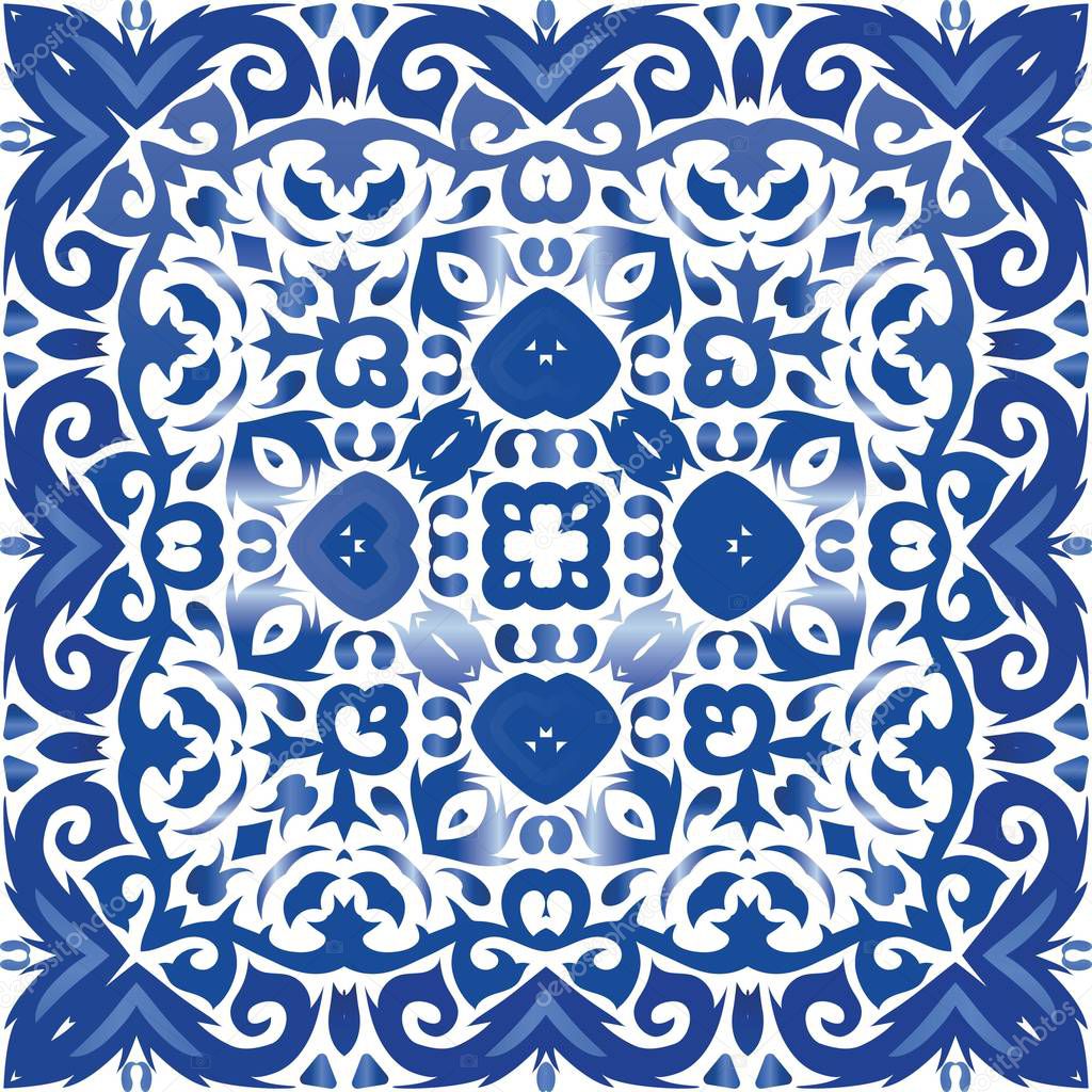 Antique portuguese azulejo ceramic. Vector seamless pattern theme. Colored design. Blue floral and abstract decor for scrapbooking, smartphone cases, T-shirts, bags or linens.