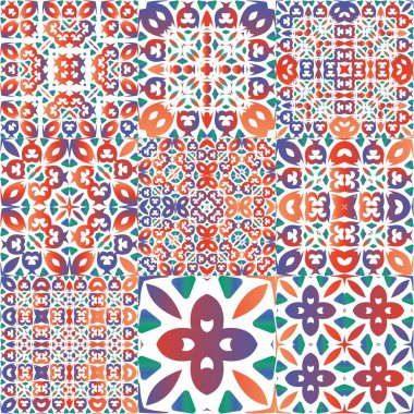 Meksika Talavera 'daki etnik seramik fayanslar. Vektörsüz desenlerin toplanması. Geometrik tasarım. Yüzey dokusu, havlu, yastık, duvar kağıdı, baskı, web arkaplanı için kırmızı vintage süslemeler.