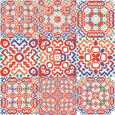 Antika talavera döşeme yama fabrikası. Minimum tasarım. Bir dizi vektörsüz şablon. Çantalar, akıllı telefon kılıfları, tişörtler, çarşaflar ve koleksiyon defterleri için kırmızı Meksika süslemeleri..