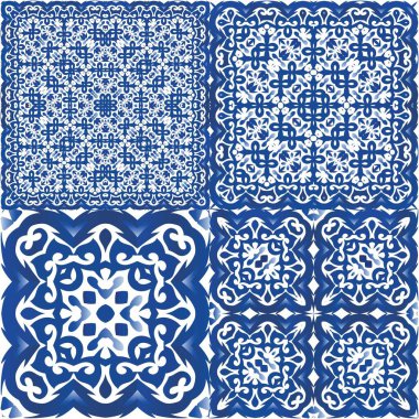 Antika Portekiz azulejo seramiği. Bir dizi vektörsüz şablon. El yapımı tasarım. Koleksiyon defteri, akıllı telefon kılıfları, tişörtler, çantalar ve çarşaflar için mavi ve soyut bir dekor.