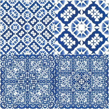 Geleneksel Portekizli azulejolar. Şık tasarım. Vektör aralıksız desenler. Ağ arkaplanı, baskı, yastıklar, yüzey dokusu, duvar kağıdı, havlular için mavi soyut arkaplan.