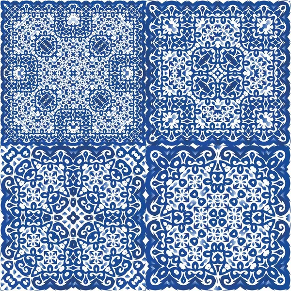 Traditional Ornate Portuguese Azulejos Set Vector Seamless Patterns Creative Design — Stock Vector