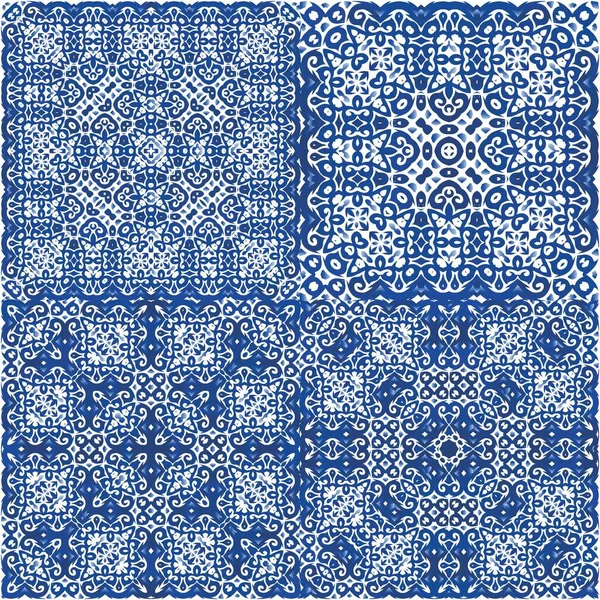 Ethnic Ceramic Tiles Portuguese Azulejo Kit Vector Seamless Patterns Geometric — Stock Vector