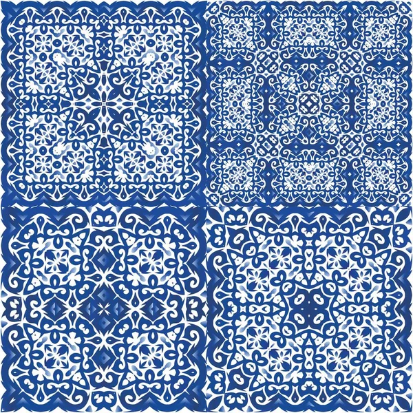 Portuguese Vintage Azulejo Tiles Bathroom Design Set Vector Seamless Patterns — Stock Vector
