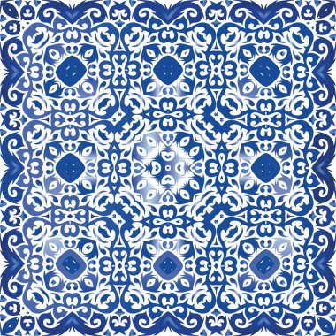 Portekiz yapımı Azulejo fayansları. Vektörsüz şablon çerçevesi. Modern tasarım. Yastıklar, baskılar, duvar kağıtları, ağ arkaplanı, havlular, yüzey dokusu için mavi antika arkaplan.