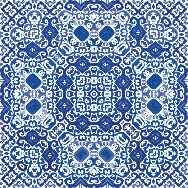 Antika azulejo döşeme yaması. Vektörsüz şablon. Mutfak tasarımı. Çantalar, akıllı telefon kılıfları, tişörtler, çarşaflar veya koleksiyon defterleri için mavi İspanya ve Portekiz dekoru.