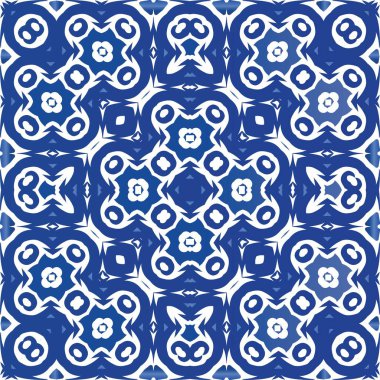 Portekizce süslemeli azulejo seramik. Vektörsüz model kavramı. Grafik tasarımı. Duvar kağıdı, web arkaplanı, havlular, baskı, yüzey dokusu, yastıklar için mavi vintage arkaplan.