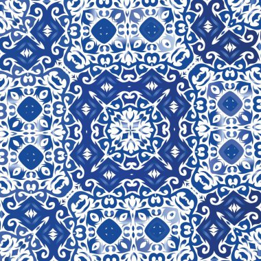 Portekiz azulejo 'sunda etnik seramik fayans. Vektörsüz desenli elementler. Geometrik tasarım. Yüzey dokusu, havlu, yastık, duvar kağıdı, baskı, web arkaplanı için mavi vintage süs.