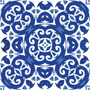 Geleneksel Portekiz azulejosu. Evrensel tasarım. Vektör desensiz kolaj. Ağ arkaplanı, baskı, yastıklar, yüzey dokusu, duvar kağıdı, havlular için mavi soyut arkaplan.