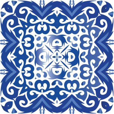 Süslü Azulejo Portekiz fayansları. Vektörsüz desenli elementler. Yaratıcı tasarım. Çarşaflar, akıllı telefon kılıfları, hatıra defterleri, çantalar ya da tişörtler için mavi muhteşem çiçek desenleri..