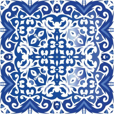 Seramik fayanslar azulejo portugal. Grafik tasarımı. Vektörsüz desenli el ilanı. Tişört, hatıra defteri, çarşaf, akıllı telefon çantası veya çantalar için mavi etnik geçmiş.