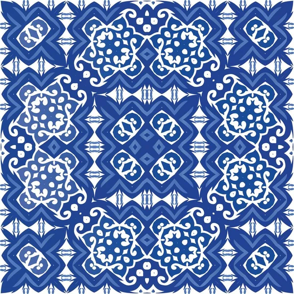 Portugiesische Azulejo Fliesen Badezimmerdesign Vektor Nahtlose Mustergitter Blauer Antiker Hintergrund — Stockvektor
