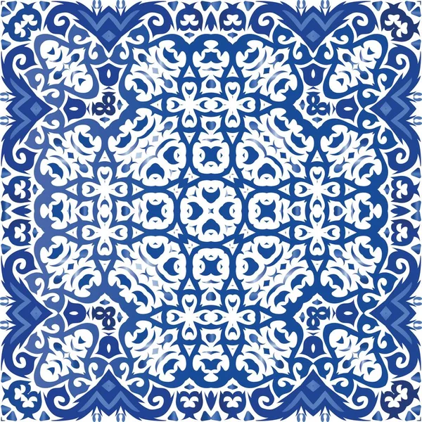 古董阿祖利奥瓷砖拼凑而成 向量无缝模式阿拉伯式 别致的设计用于袋子 智能手机盒 T恤衫 亚麻布或剪贴簿的蓝色色带和葡萄牙饰物 — 图库矢量图片
