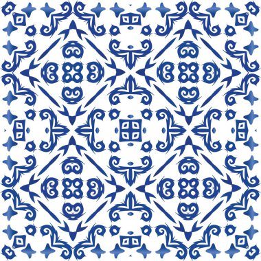 Antika azulejo döşeme yaması. Vektörsüz şablon. Mutfak tasarımı. Çantalar, akıllı telefon kılıfları, tişörtler, çarşaflar veya koleksiyon defterleri için mavi İspanya ve Portekiz dekoru.