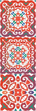 Antika talavera döşeme yama fabrikası. Vektörsüz desenlerin toplanması. Geometrik tasarım. Çantalar, akıllı telefon kılıfları, tişörtler, çarşaflar ve koleksiyon defterleri için kırmızı Meksika süslemeleri..
