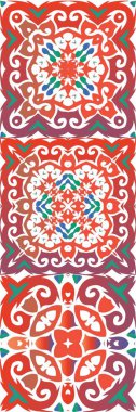 Antika talavera döşeme yama fabrikası. Vektörsüz desenlerin toplanması. Geometrik tasarım. Çantalar, akıllı telefon kılıfları, tişörtler, çarşaflar ve koleksiyon defterleri için kırmızı Meksika süslemeleri..