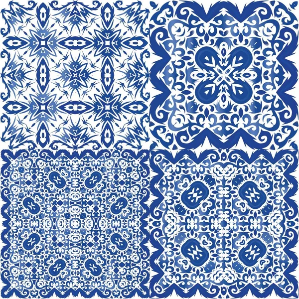 Portuguese Ornamental Azulejo Ceramic Kit Vector Seamless Patterns Colored Design — Stock Vector